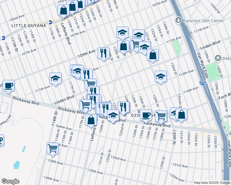 map of restaurants, bars, coffee shops, grocery stores, and more near 114-40 123rd Street in Queens