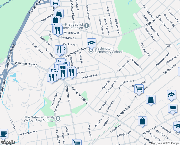 map of restaurants, bars, coffee shops, grocery stores, and more near 301 Newark Avenue in Union