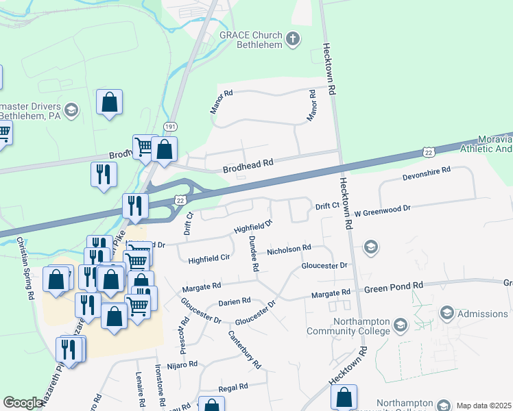 map of restaurants, bars, coffee shops, grocery stores, and more near 1002 Briarwood Drive in Bethlehem