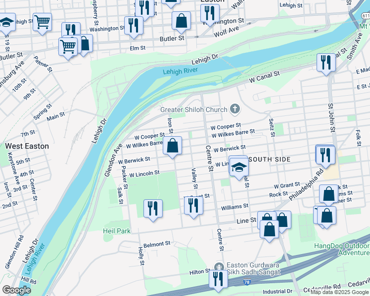 map of restaurants, bars, coffee shops, grocery stores, and more near 830 Hoyt Street in Easton