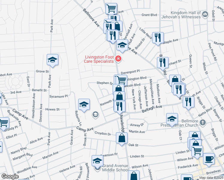 map of restaurants, bars, coffee shops, grocery stores, and more near 204 Stephen Street in North Bellmore