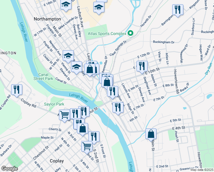 map of restaurants, bars, coffee shops, grocery stores, and more near 10 East 10th Street in Northampton