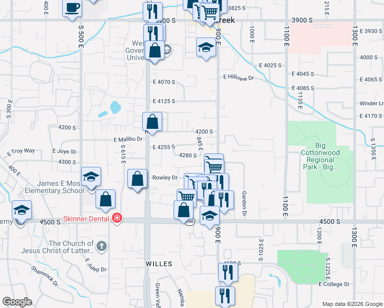 map of restaurants, bars, coffee shops, grocery stores, and more near 846 4280 South in Murray