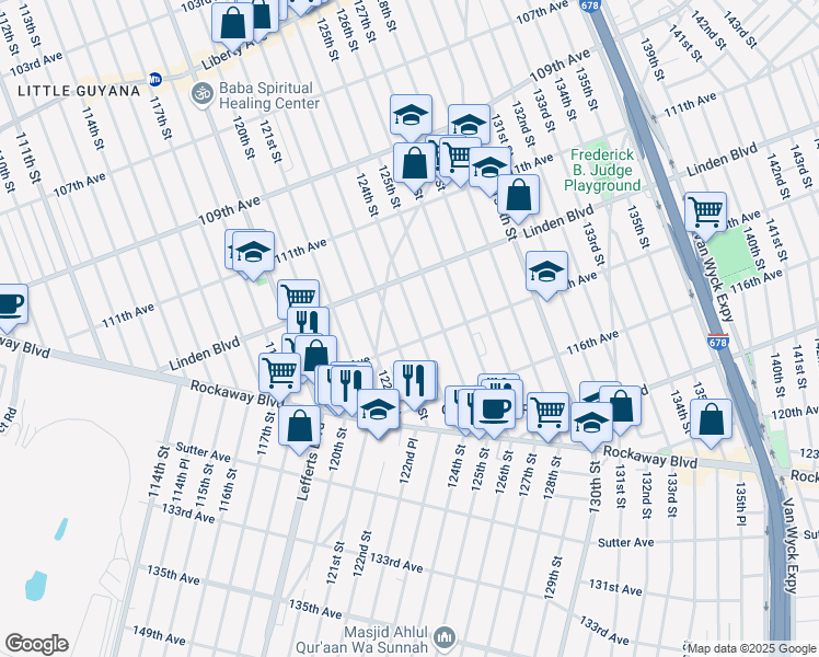 map of restaurants, bars, coffee shops, grocery stores, and more near 124-07 115th Avenue in Queens