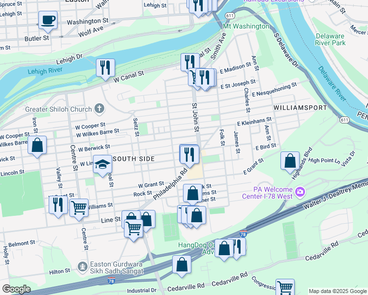 map of restaurants, bars, coffee shops, grocery stores, and more near 249 W Lincoln St in Easton