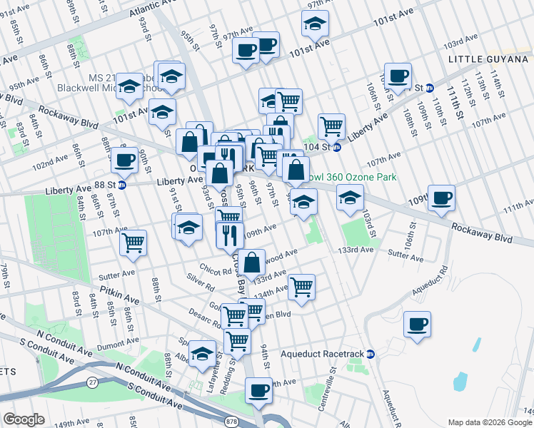 map of restaurants, bars, coffee shops, grocery stores, and more near 107-23 96th Street in Queens