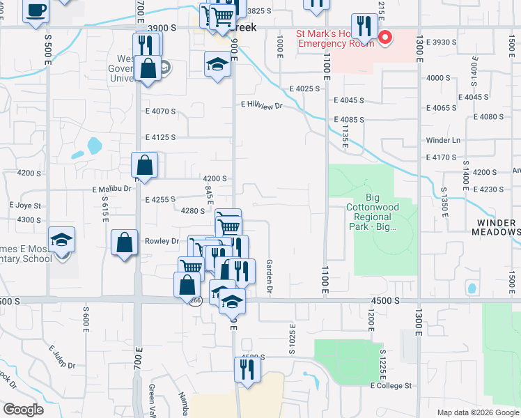 map of restaurants, bars, coffee shops, grocery stores, and more near 960 Sagehill Drive South in Millcreek