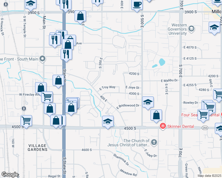 map of restaurants, bars, coffee shops, grocery stores, and more near 338 East Troy Way in Millcreek