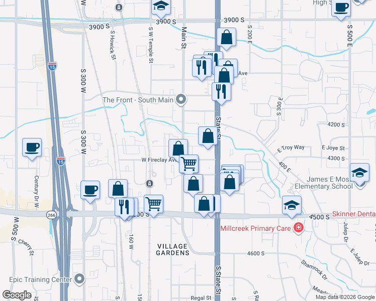 map of restaurants, bars, coffee shops, grocery stores, and more near 17 East Gilbride Avenue in Murray