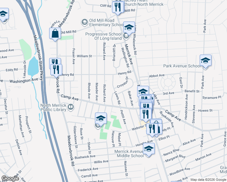 map of restaurants, bars, coffee shops, grocery stores, and more near 3 Surrey Drive in North Merrick