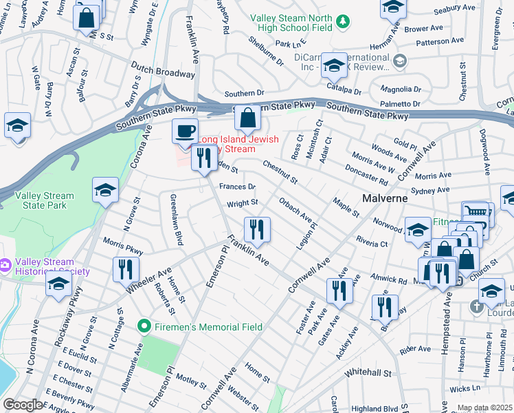 map of restaurants, bars, coffee shops, grocery stores, and more near 1180 Ambrose Avenue in Valley Stream