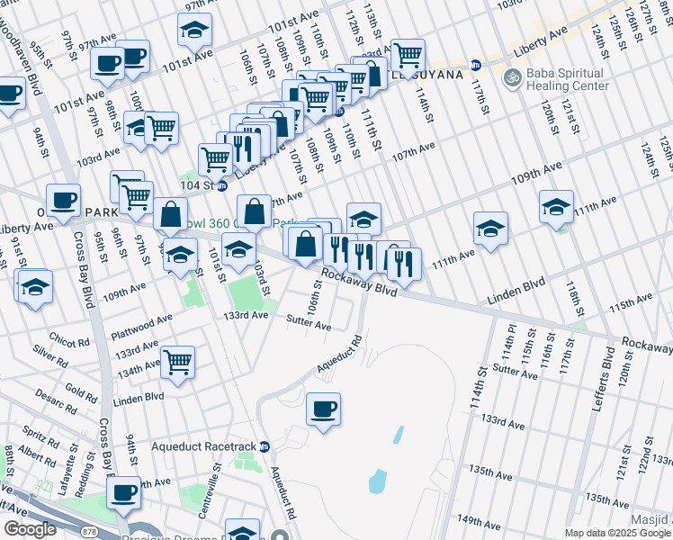map of restaurants, bars, coffee shops, grocery stores, and more near 106-4 Rockaway Boulevard in Queens