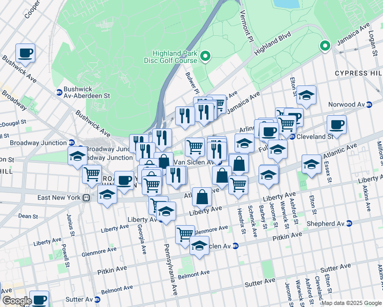 map of restaurants, bars, coffee shops, grocery stores, and more near 35 Wyona Street in Brooklyn