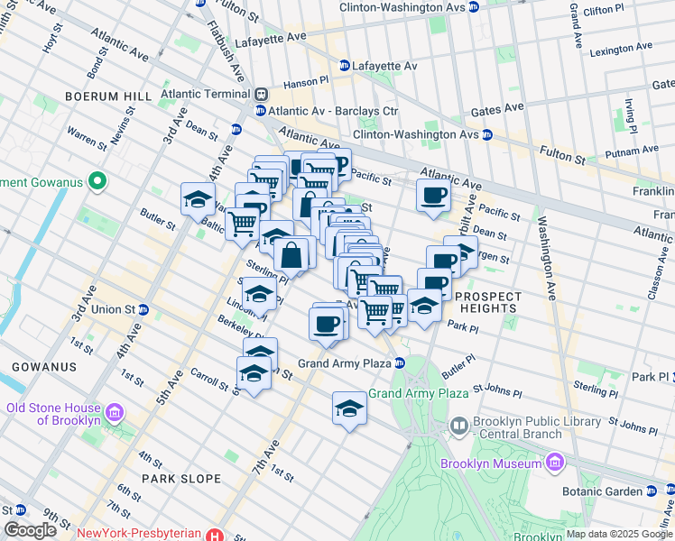 map of restaurants, bars, coffee shops, grocery stores, and more near 114 Prospect Place in Brooklyn