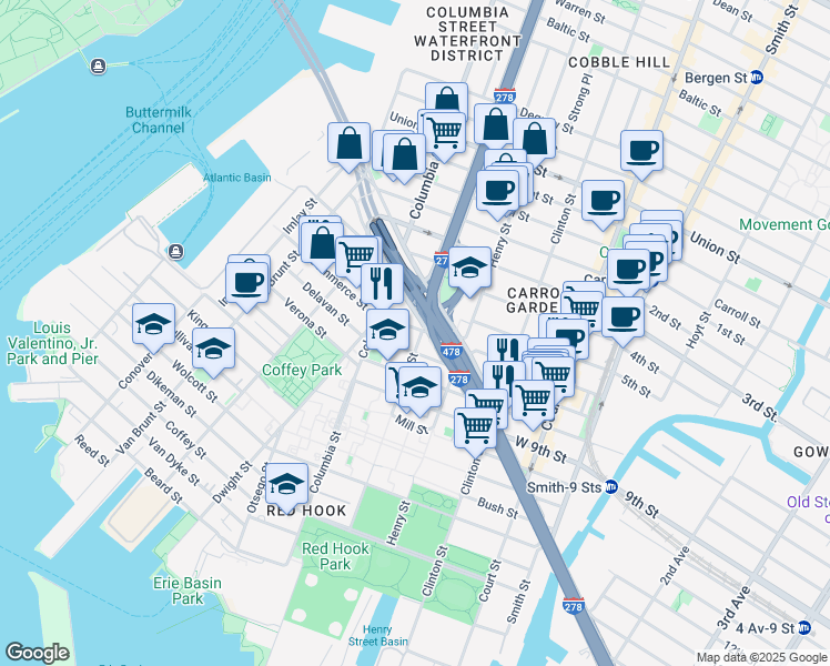 map of restaurants, bars, coffee shops, grocery stores, and more near 38 Luquer Street in Brooklyn