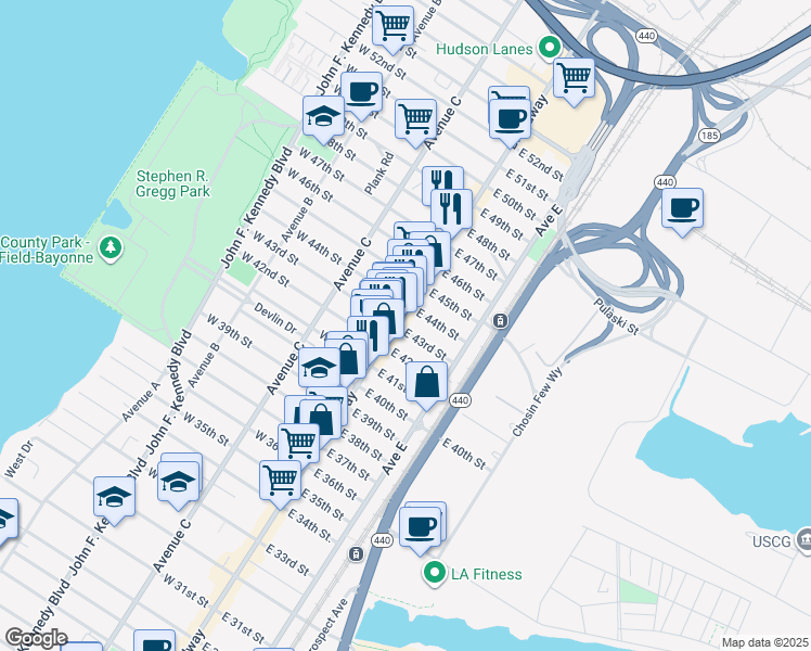 map of restaurants, bars, coffee shops, grocery stores, and more near 905 Broadway in Bayonne