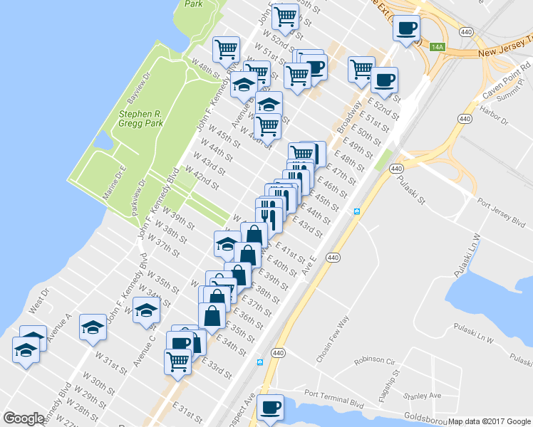 map of restaurants, bars, coffee shops, grocery stores, and more near 26-28 East 42nd Street in Bayonne