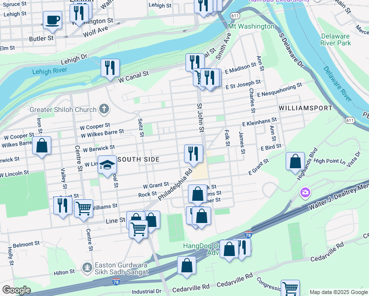map of restaurants, bars, coffee shops, grocery stores, and more near 249 West Lincoln Street in Easton
