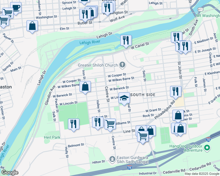 map of restaurants, bars, coffee shops, grocery stores, and more near 627 West Berwick Street in Easton