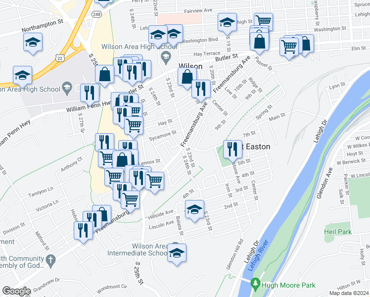 map of restaurants, bars, coffee shops, grocery stores, and more near 835 South 24th Street in Easton