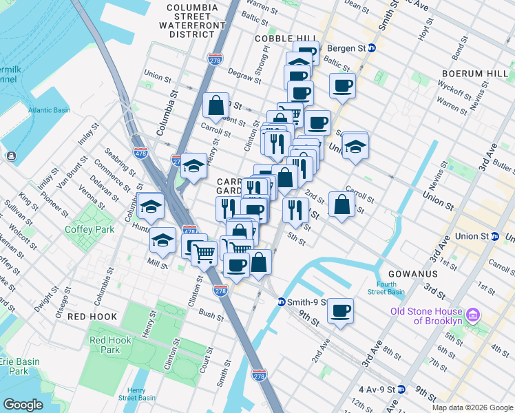 map of restaurants, bars, coffee shops, grocery stores, and more near 100 3rd Place in Brooklyn