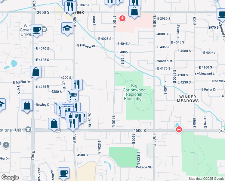 map of restaurants, bars, coffee shops, grocery stores, and more near 1089 East Sagehill Drive in Millcreek