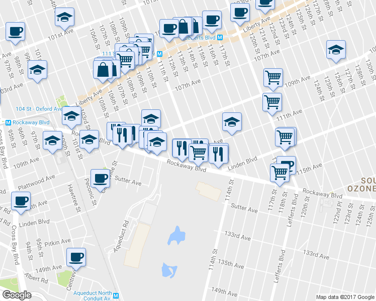 map of restaurants, bars, coffee shops, grocery stores, and more near 109-60 111th Street in Queens
