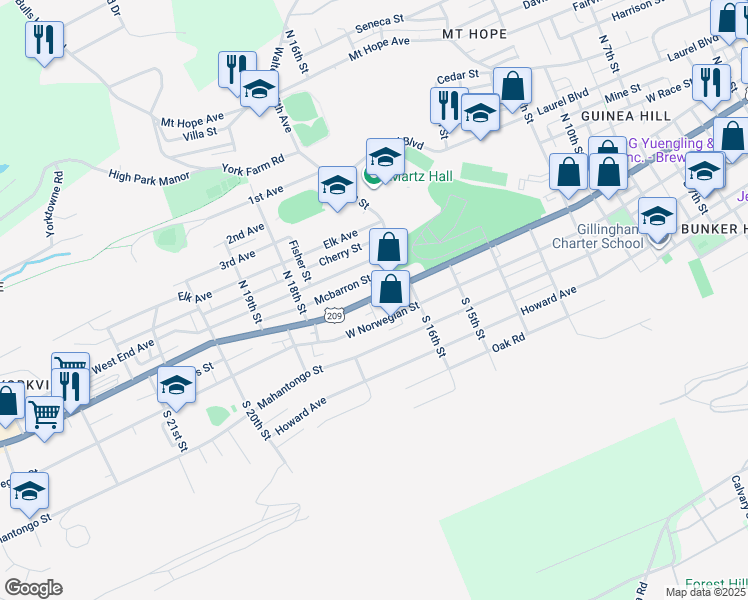 map of restaurants, bars, coffee shops, grocery stores, and more near 1643 W Market St in Pottsville