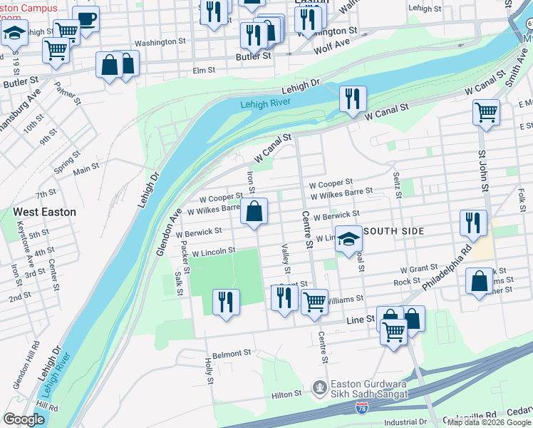 map of restaurants, bars, coffee shops, grocery stores, and more near 852 Hoyt Street in Easton