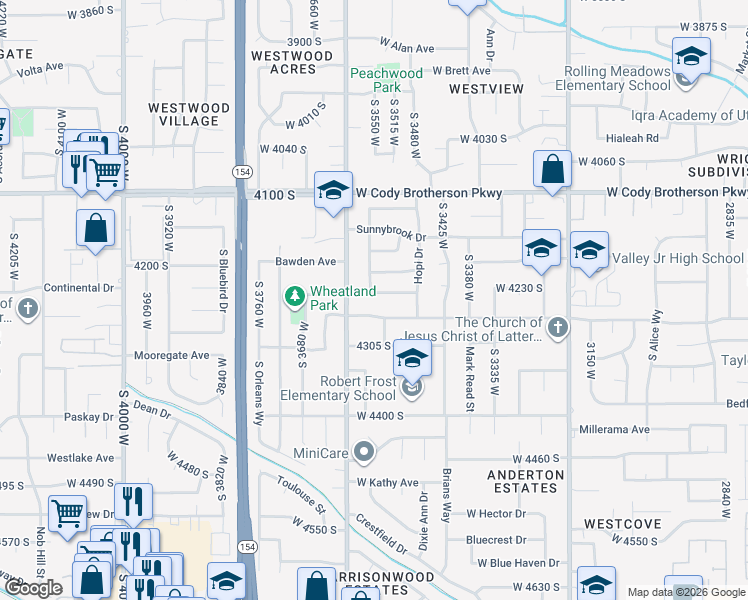 map of restaurants, bars, coffee shops, grocery stores, and more near 3574 Meadowbrook Drive in West Valley City