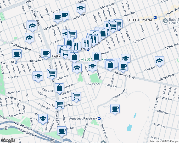 map of restaurants, bars, coffee shops, grocery stores, and more near 101-01 Rockaway Boulevard in Queens