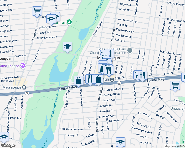 map of restaurants, bars, coffee shops, grocery stores, and more near 10 Mayflower Avenue in Massapequa Park