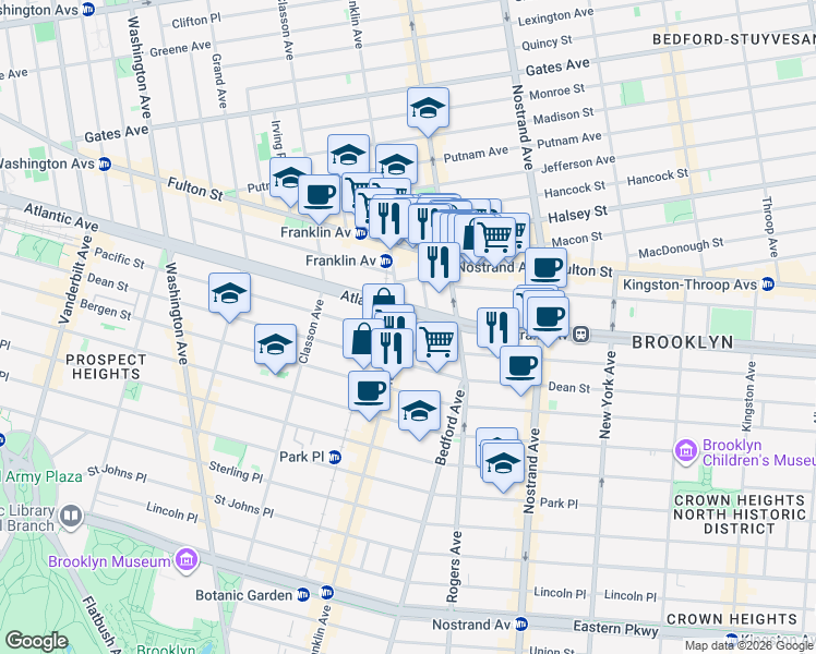 map of restaurants, bars, coffee shops, grocery stores, and more near 581 Franklin Avenue in Brooklyn