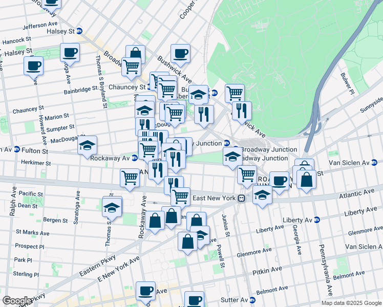 map of restaurants, bars, coffee shops, grocery stores, and more near 81 Truxton Street in Brooklyn