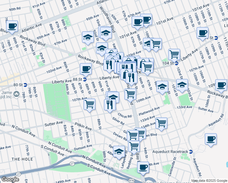 map of restaurants, bars, coffee shops, grocery stores, and more near 91-11 107th Avenue in Queens