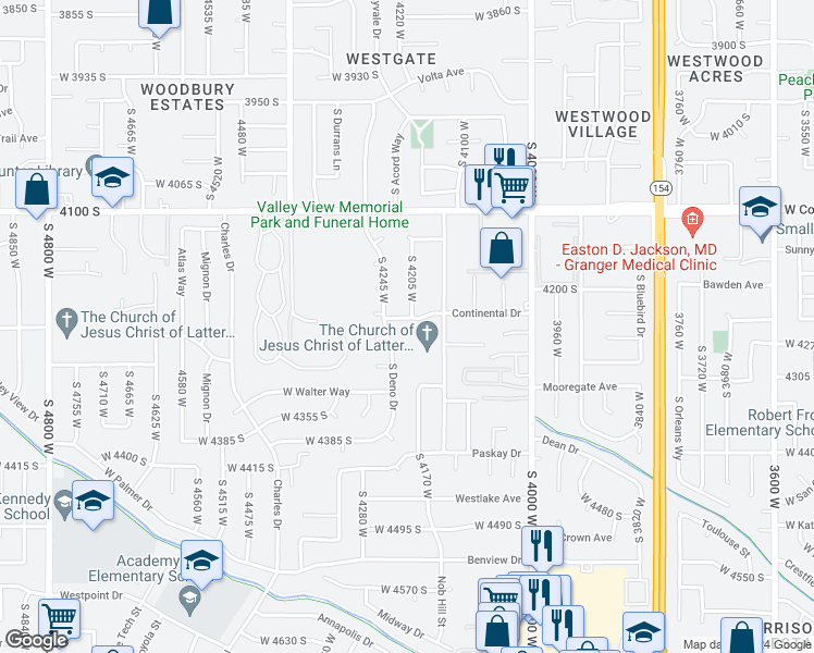 map of restaurants, bars, coffee shops, grocery stores, and more near 4211 Continental Drive in West Valley City