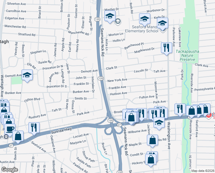 map of restaurants, bars, coffee shops, grocery stores, and more near 3757 Franklin Avenue in Seaford