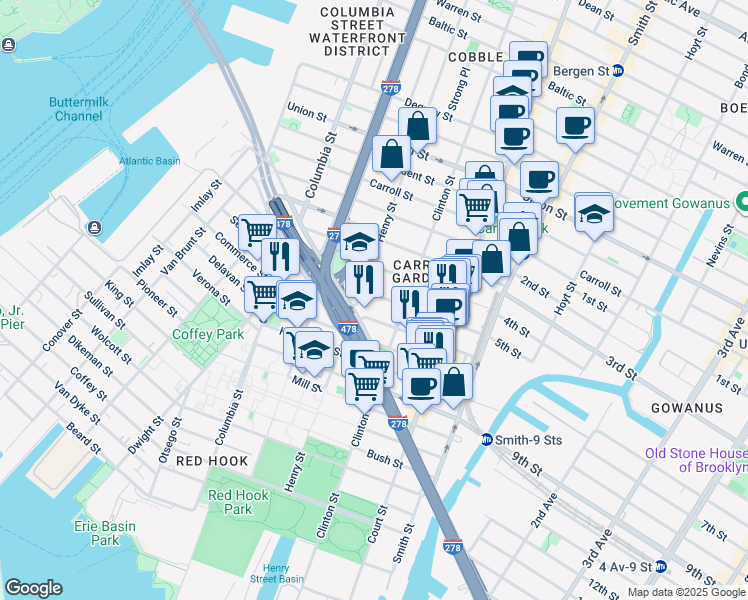 map of restaurants, bars, coffee shops, grocery stores, and more near 18 4th Place in Brooklyn