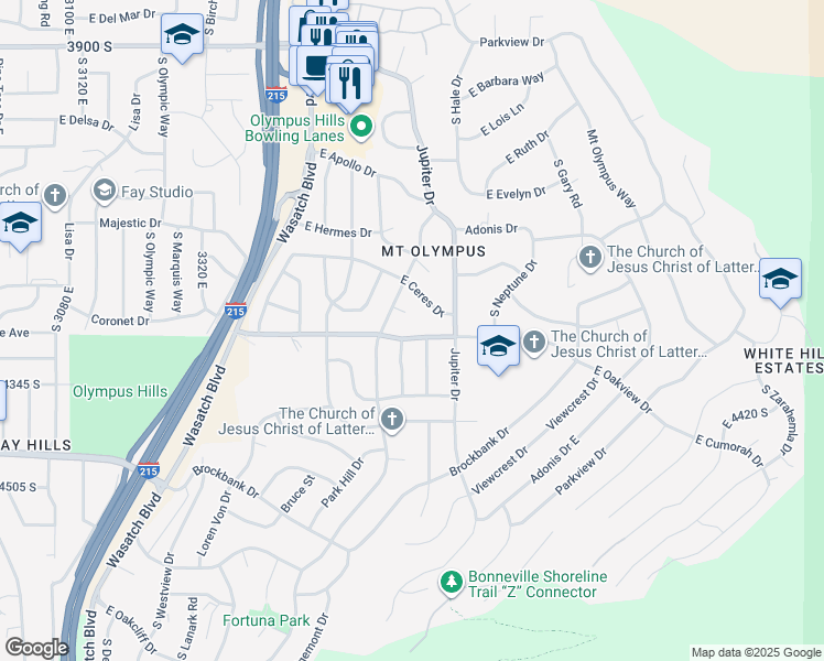 map of restaurants, bars, coffee shops, grocery stores, and more near 3651 East Oakview Drive in Salt Lake City