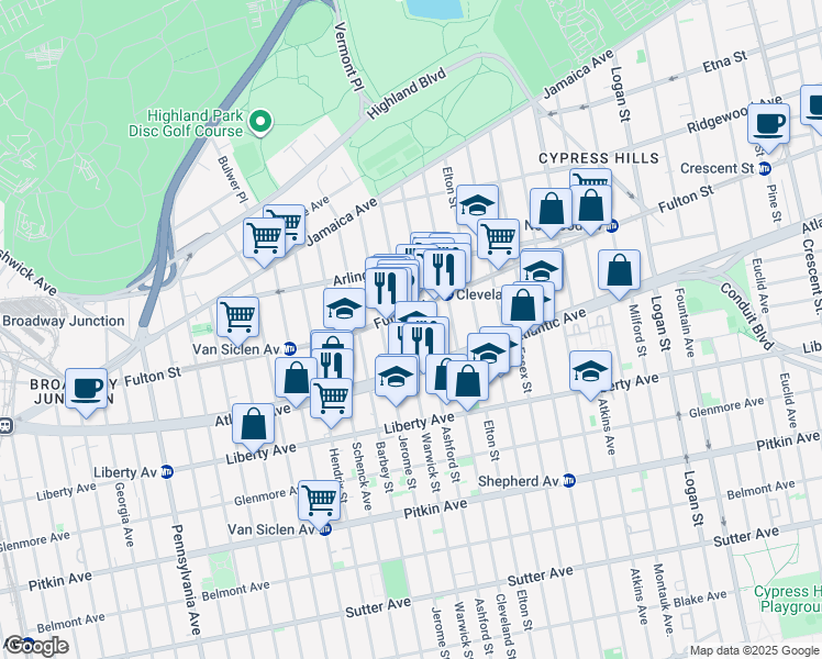 map of restaurants, bars, coffee shops, grocery stores, and more near 221 Warwick Street in Brooklyn