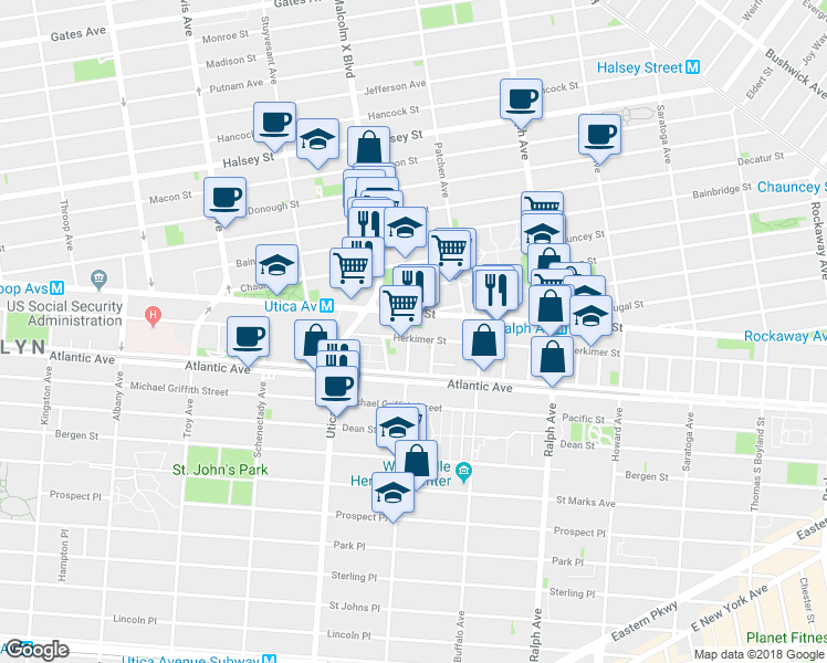 map of restaurants, bars, coffee shops, grocery stores, and more near 15 Rochester Avenue in Brooklyn