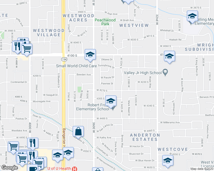 map of restaurants, bars, coffee shops, grocery stores, and more near 3521 Pawnee Street in West Valley City