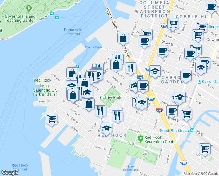 map of restaurants, bars, coffee shops, grocery stores, and more near 93 Richards Street in Brooklyn