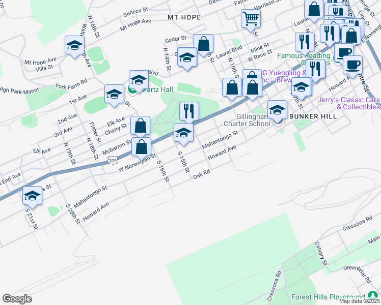 map of restaurants, bars, coffee shops, grocery stores, and more near 1440 Mahantongo Street in Pottsville