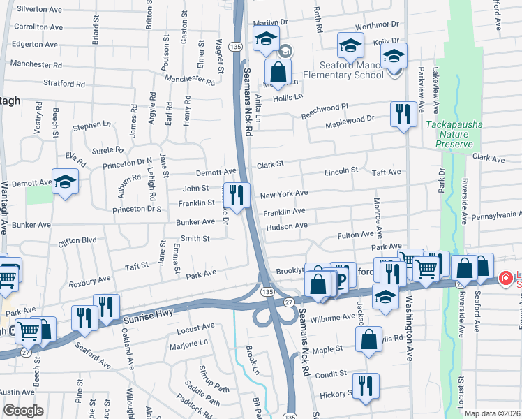 map of restaurants, bars, coffee shops, grocery stores, and more near 3757 Franklin Avenue in Seaford