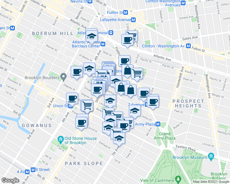 map of restaurants, bars, coffee shops, grocery stores, and more near 45 Sterling Place in Brooklyn