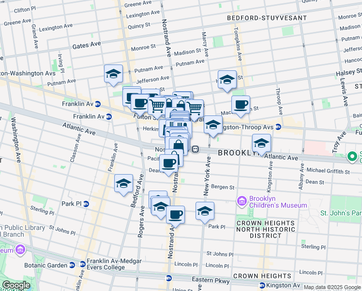 map of restaurants, bars, coffee shops, grocery stores, and more near 551 Nostrand Avenue in Brooklyn
