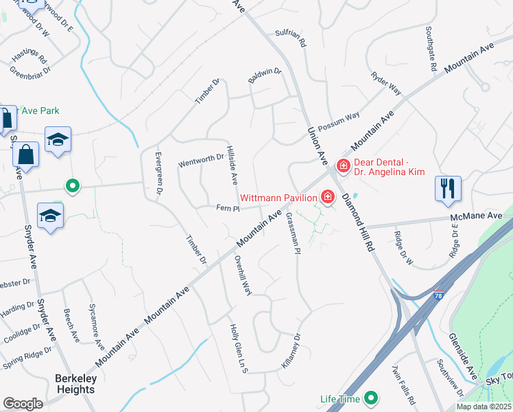 map of restaurants, bars, coffee shops, grocery stores, and more near 5 Fern Place in Berkeley Heights