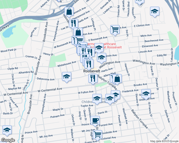 map of restaurants, bars, coffee shops, grocery stores, and more near 10 Gilbert Place in Roosevelt