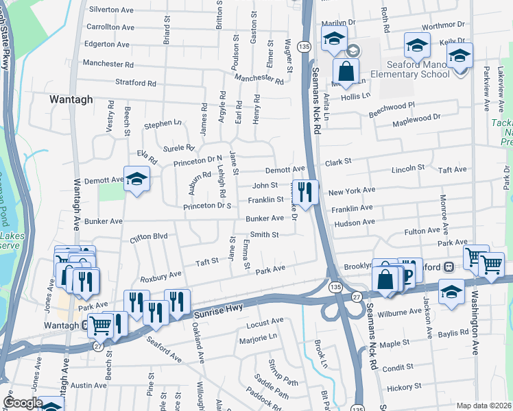 map of restaurants, bars, coffee shops, grocery stores, and more near 3632 Franklin St in Wantagh